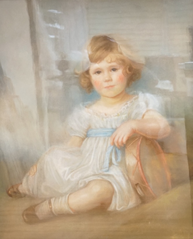 English school, mid 19th century, Portrait of a young girl holding a tambourine, pastoral on paper laid on canvas, 73 x 60cm, ornate gilt frame